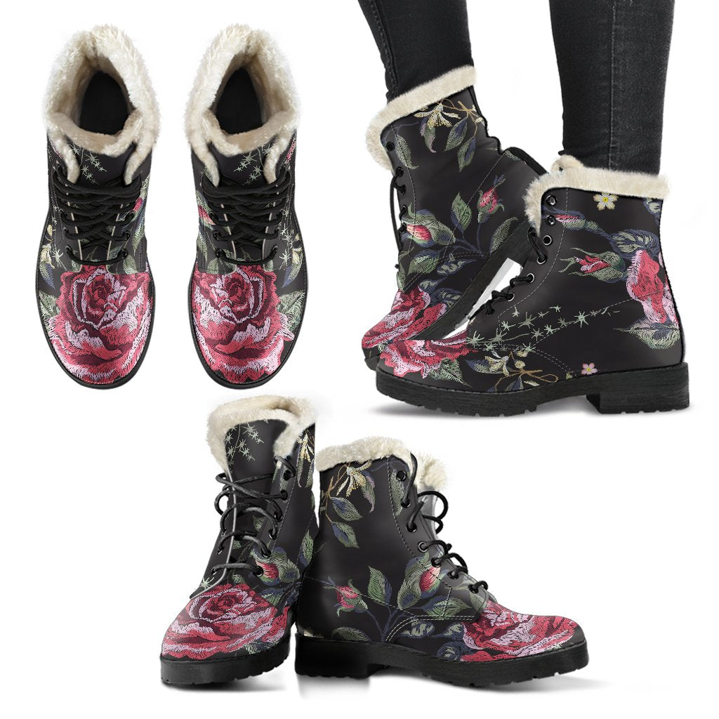 Red Rose Floral Print Faux Fur Leather Hippie Boots - 2