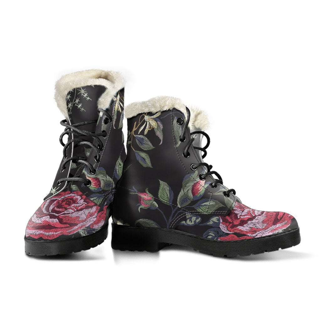 Red Rose Floral Print Faux Fur Leather Hippie Boots - 3