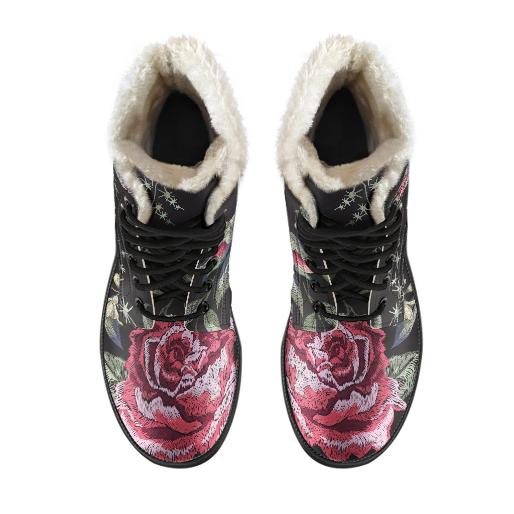 Red Rose Floral Print Faux Fur Leather Hippie Boots - 4