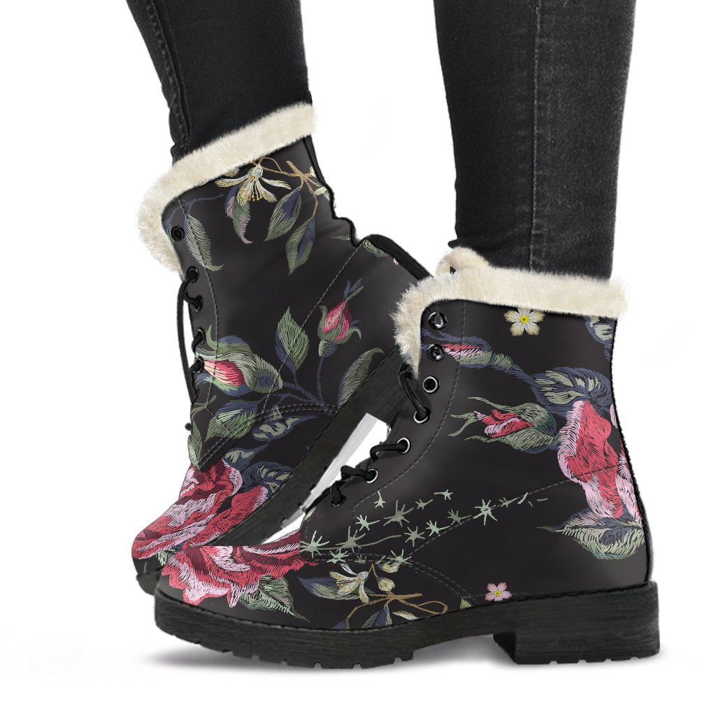 Red Rose Floral Print Faux Fur Leather Hippie Boots - 1