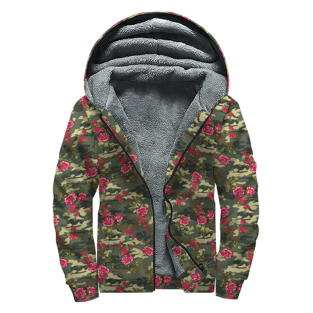 Red Rose Flower Camouflage Print Sherpa Lined Zip Up Hoodie for Groovy Hippies - 1