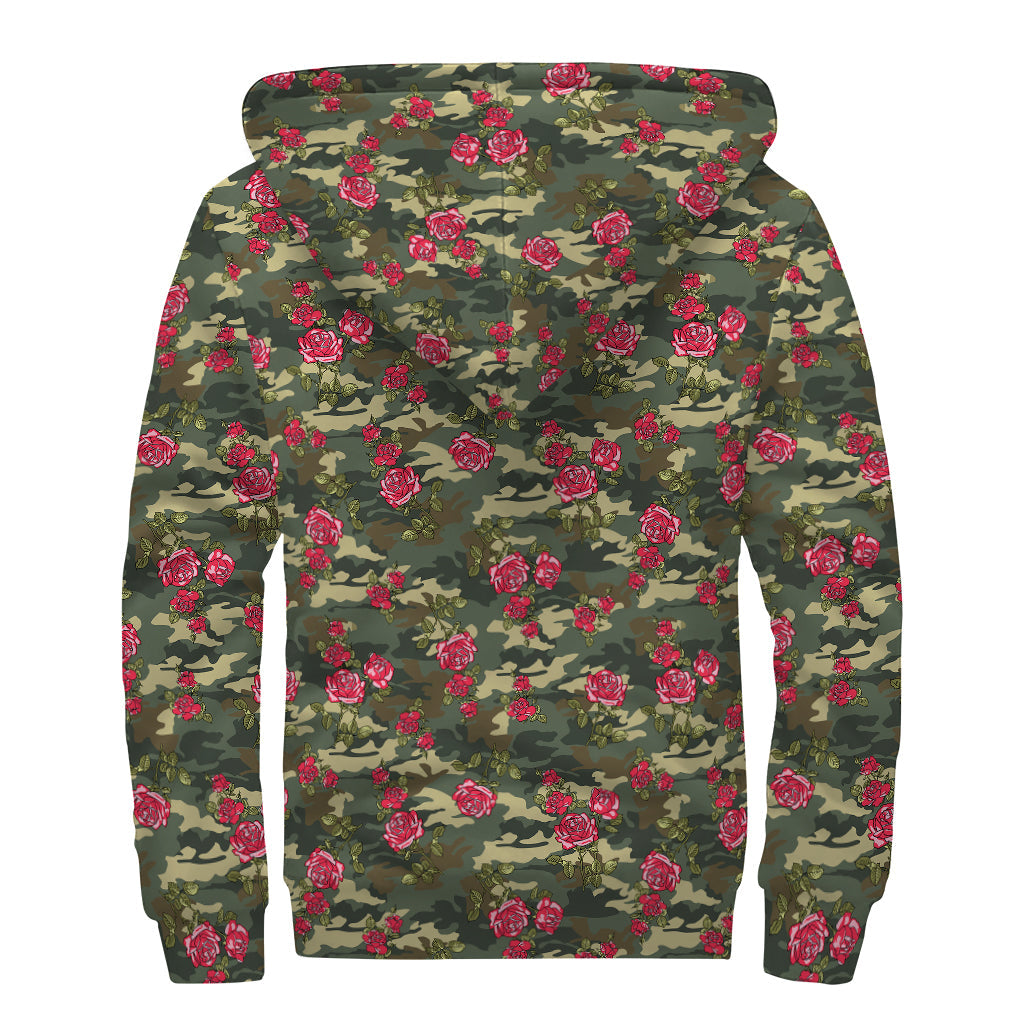 Red Rose Flower Camouflage Print Sherpa Lined Zip Up Hoodie for Groovy Hippies - 2