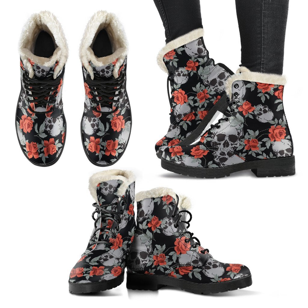 Red Rose Grey Skull Pattern Print Faux Fur Leather Hippie Boots - 2