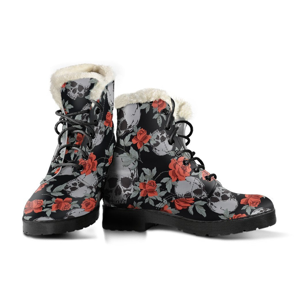 Red Rose Grey Skull Pattern Print Faux Fur Leather Hippie Boots - 3