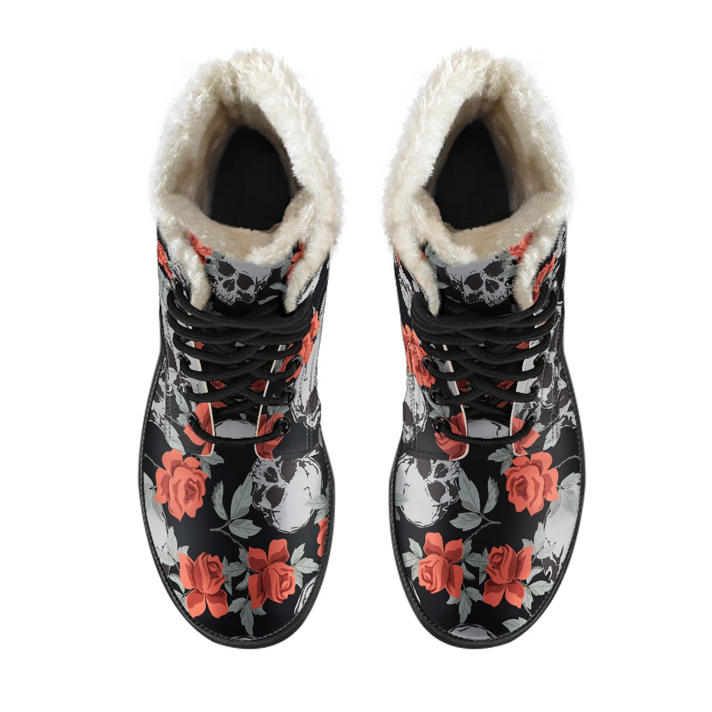 Red Rose Grey Skull Pattern Print Faux Fur Leather Hippie Boots - 4