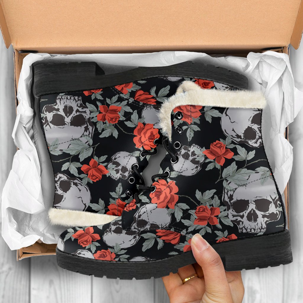 Red Rose Grey Skull Pattern Print Faux Fur Leather Hippie Boots - 5