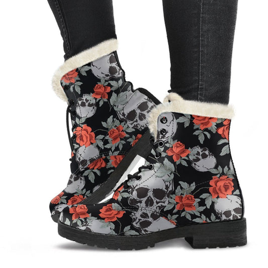 Red Rose Grey Skull Pattern Print Faux Fur Leather Hippie Boots - 1