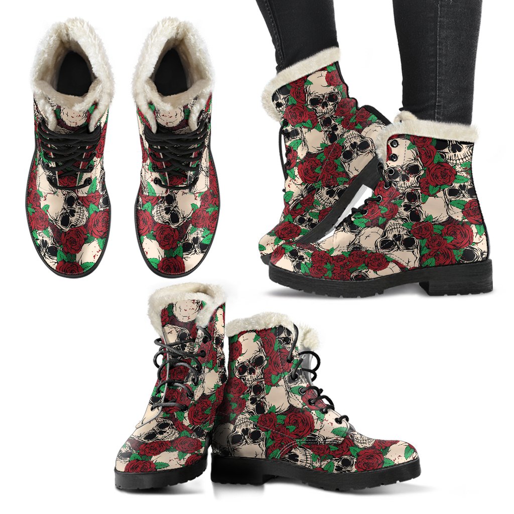 Red Rose Skull Pattern Faux Fur Leather Hippie Boots - 2