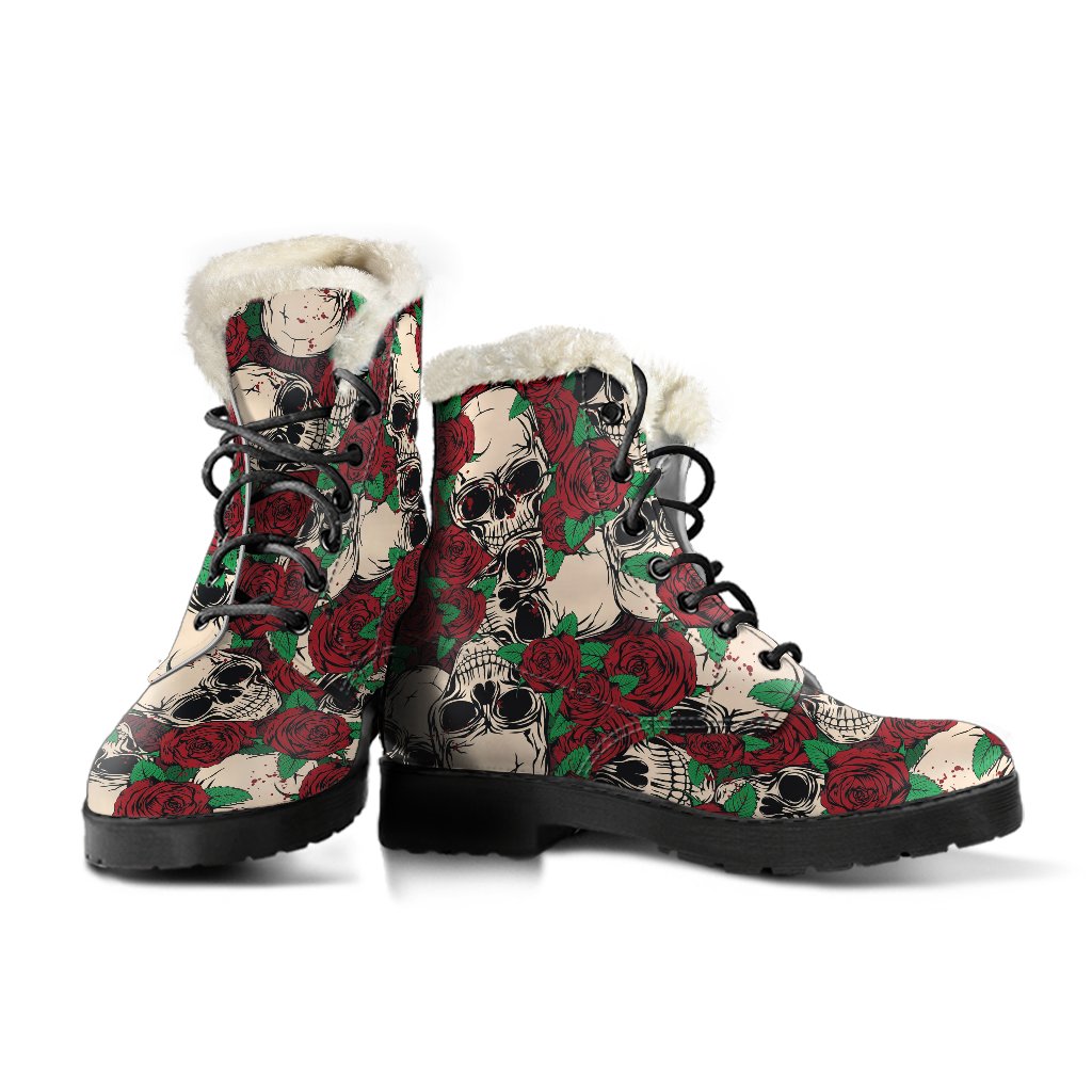 Red Rose Skull Pattern Faux Fur Leather Hippie Boots - 3