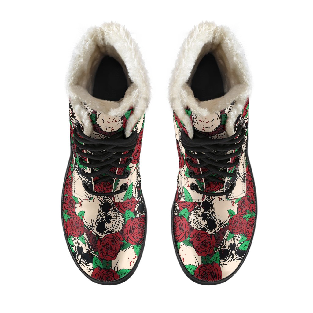 Red Rose Skull Pattern Faux Fur Leather Hippie Boots - 4