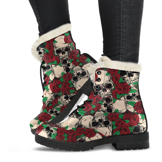 Red Rose Skull Pattern Faux Fur Leather Hippie Boots - 1