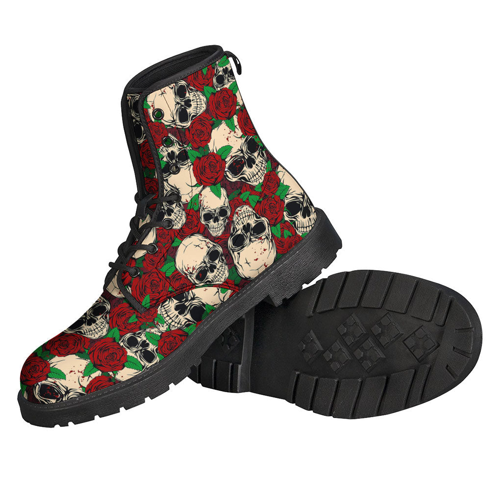 Red Rose Skull Pattern Leather Boots: Embrace Your Inner Hippie Style - 2