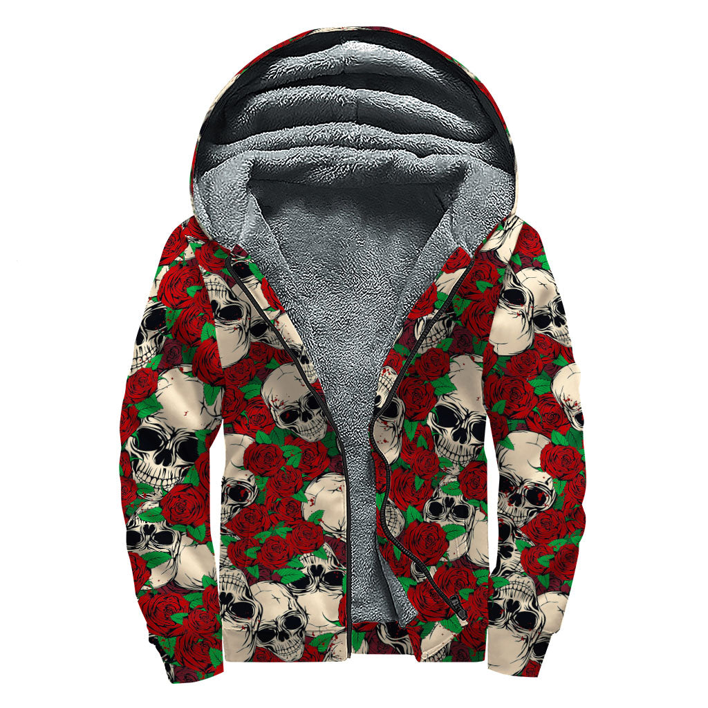 Red Rose Skull Sherpa Lined Zip Up Hoodie for Groovy Hippies - 1