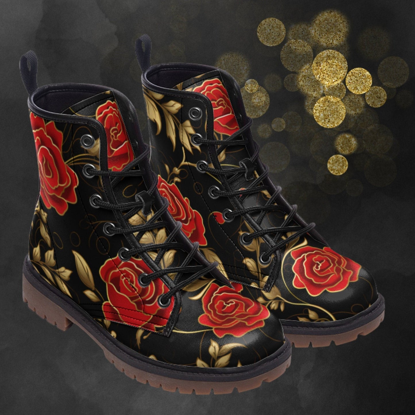 Emerald Blossoms - Red Roses & Golden Leaves Painted Shoes For Hippies