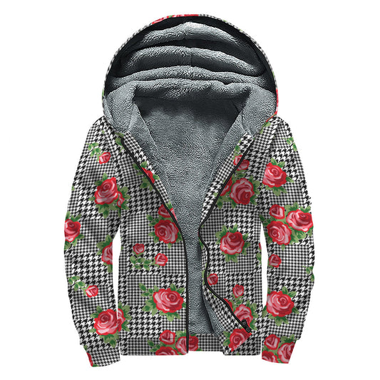 Red Roses Houndstooth Pattern Sherpa Hoodie for the Bohemian Soul - 1