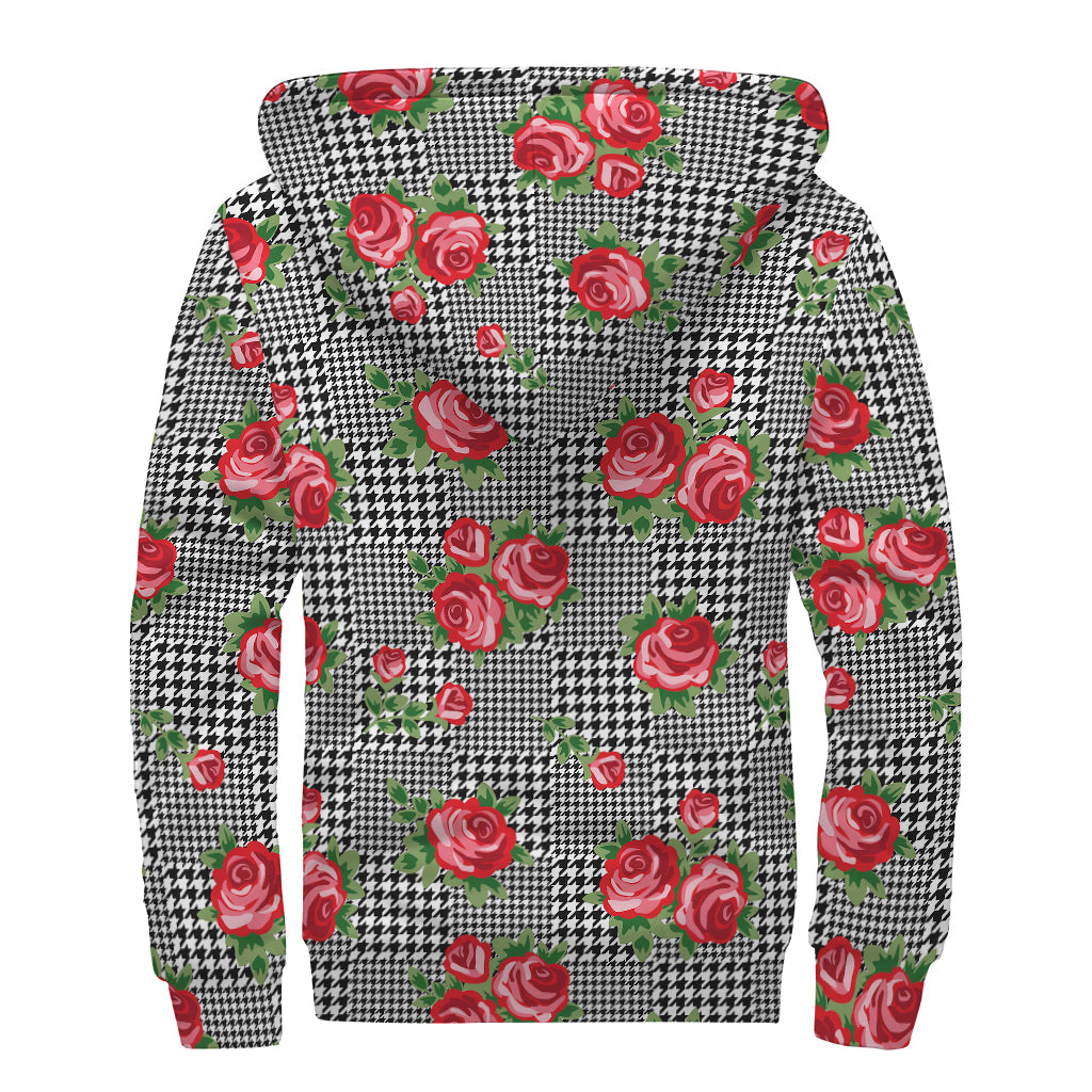 Red Roses Houndstooth Pattern Sherpa Hoodie for the Bohemian Soul - 2