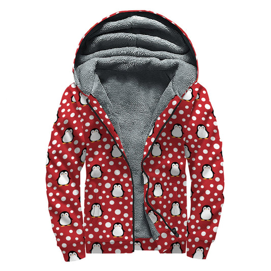 Red Snow Penguin Pattern Print Sherpa Lined Zip Up Hoodie: Embrace Your Inner Hippie Style - 1