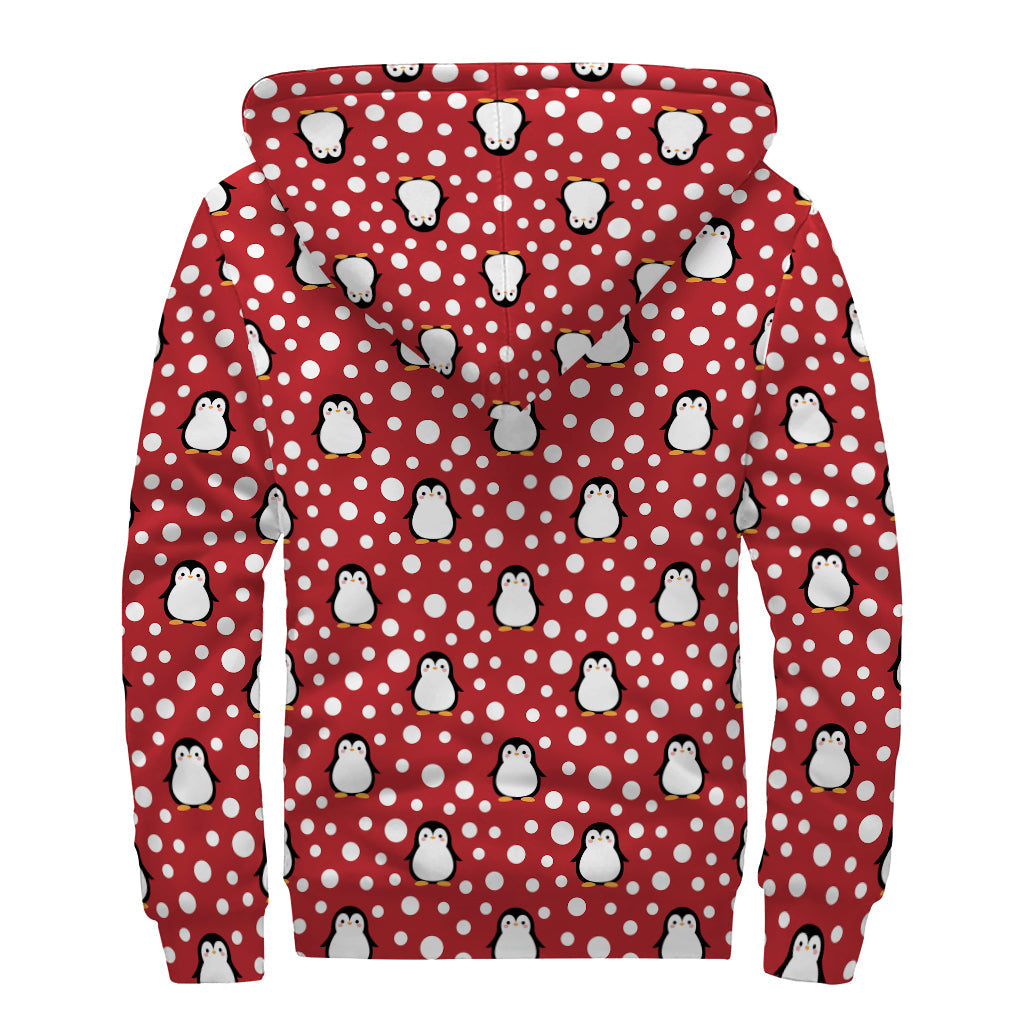 Red Snow Penguin Pattern Print Sherpa Lined Zip Up Hoodie: Embrace Your Inner Hippie Style - 2