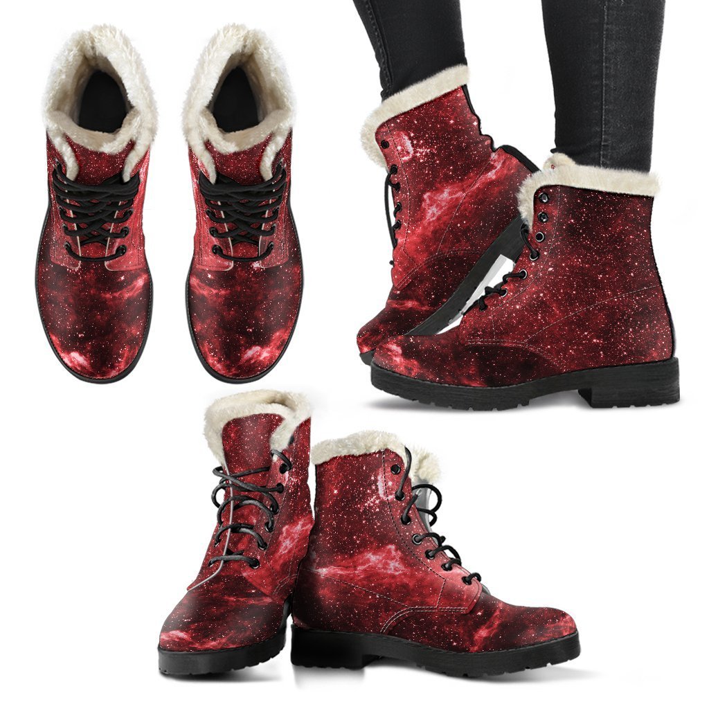 Red Stardust Universe Galaxy Space Printed Faux Fur Leather Boots for Groovy Hippies - 2