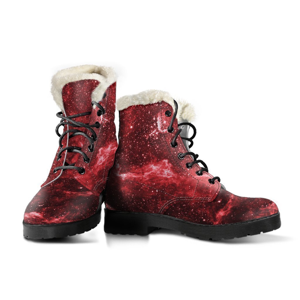 Red Stardust Universe Galaxy Space Printed Faux Fur Leather Boots for Groovy Hippies - 3