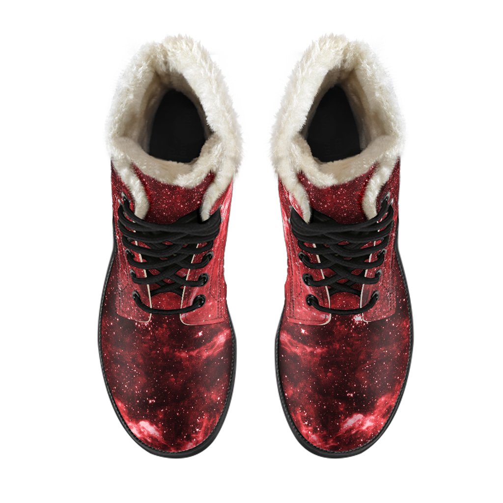 Red Stardust Universe Galaxy Space Printed Faux Fur Leather Boots for Groovy Hippies - 4