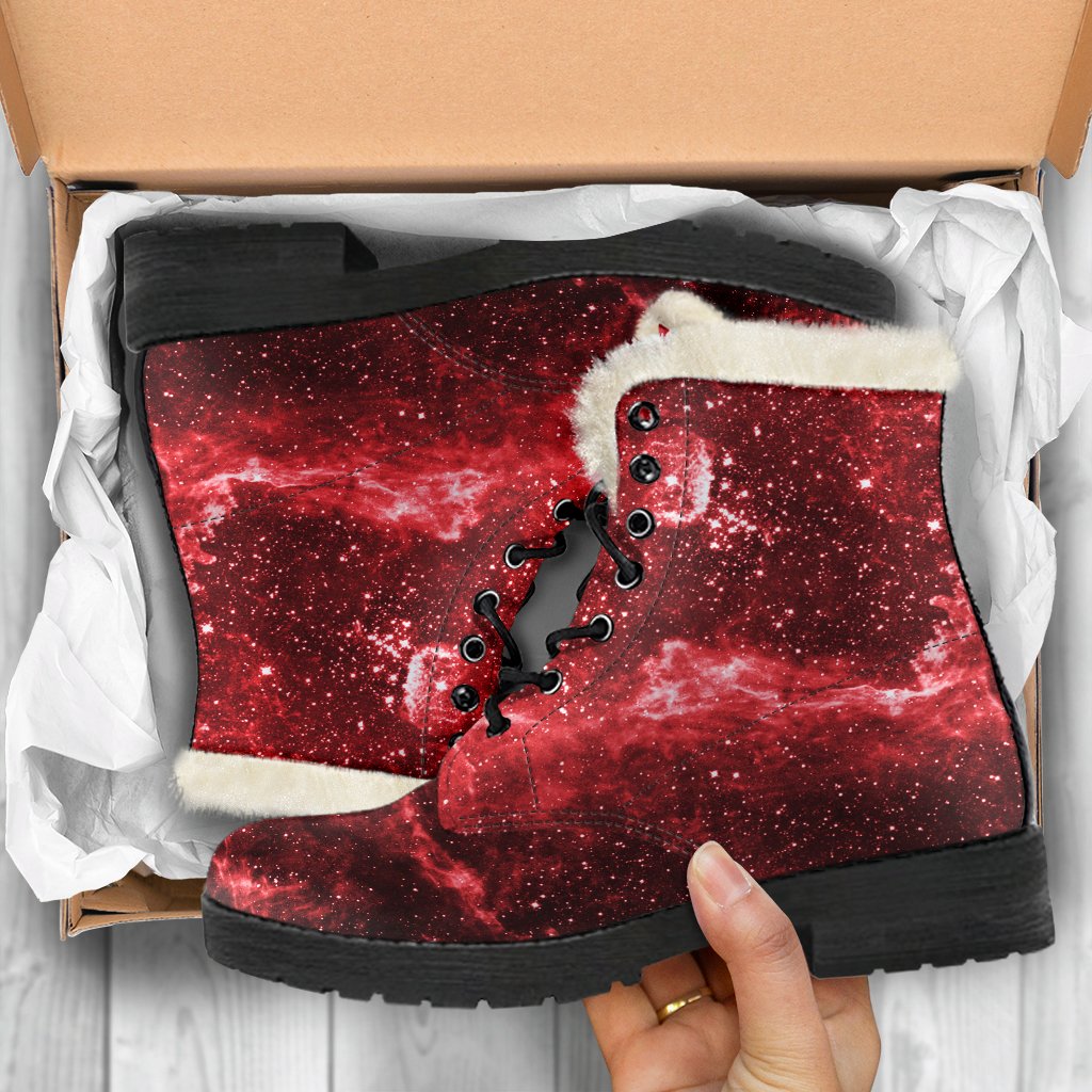 Red Stardust Universe Galaxy Space Printed Faux Fur Leather Boots for Groovy Hippies - 5