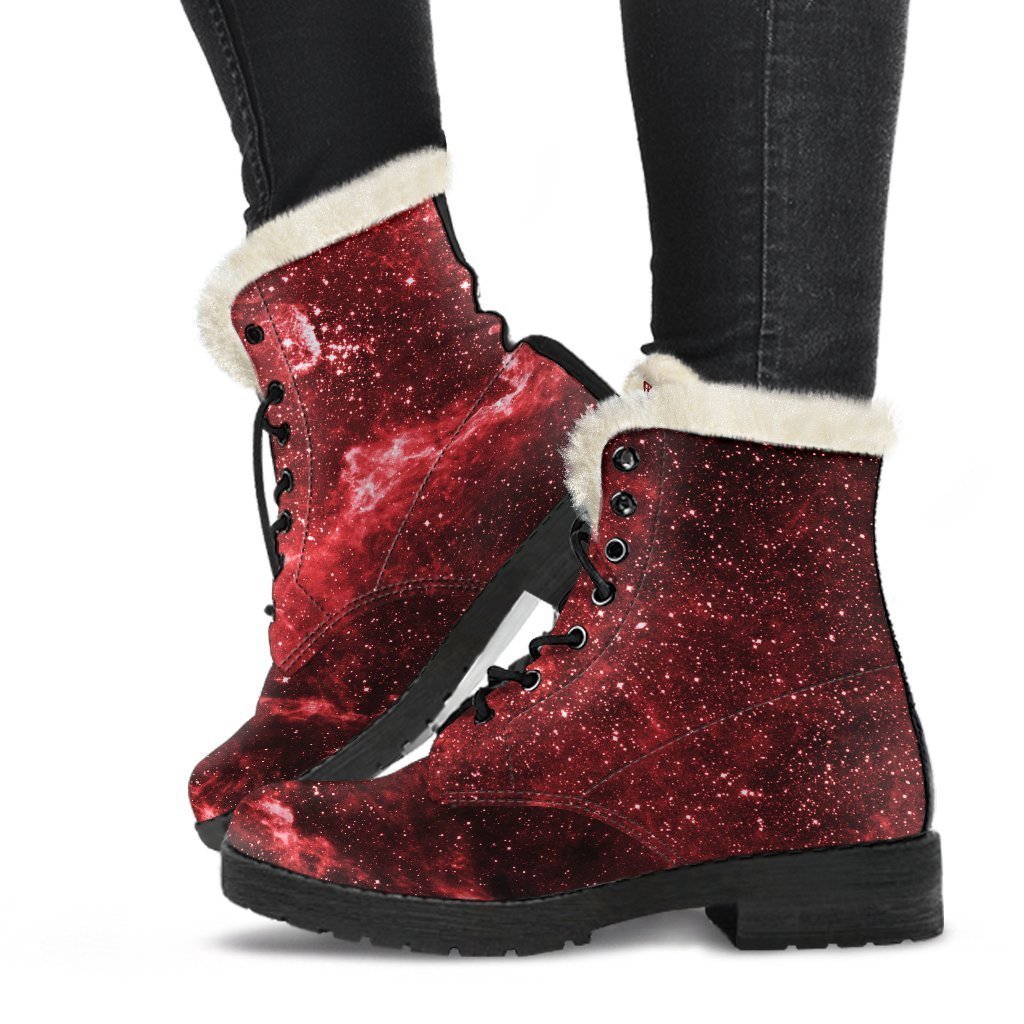 Red Stardust Universe Galaxy Space Printed Faux Fur Leather Boots for Groovy Hippies - 1