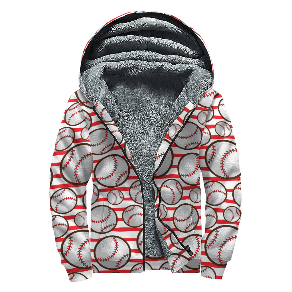 Red Striped Baseball Pattern Print Hippie Sherpa Lined Zip Up Hoodie - 1