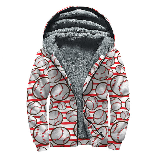 Red Striped Baseball Pattern Print Hippie Sherpa Lined Zip Up Hoodie - 1