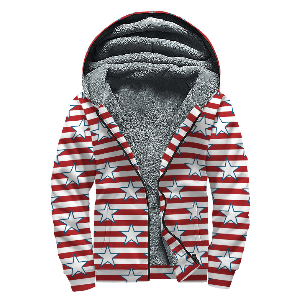 Red Striped USA Star Pattern Print Sherpa Lined Zip Up Hoodie for the Free-Spirited Hippie - 1