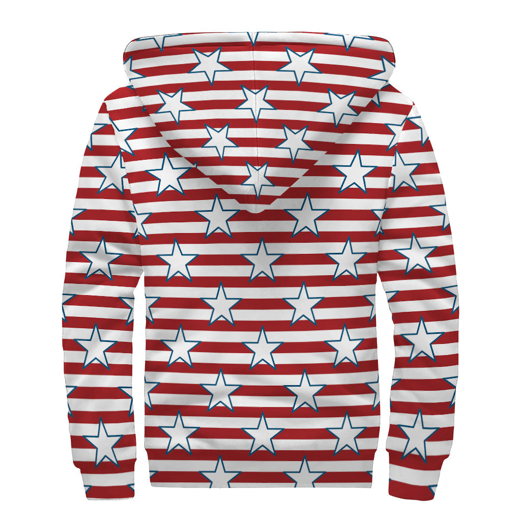 Red Striped USA Star Pattern Print Sherpa Lined Zip Up Hoodie for the Free-Spirited Hippie - 2