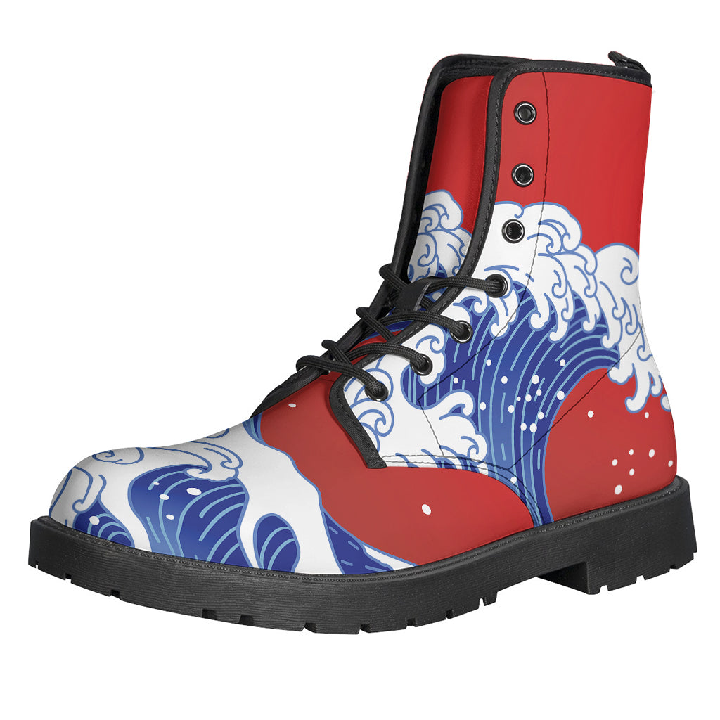 Red Sun Japanese Wave Print Leather Boots: The Perfect Hippie Footwear - 1