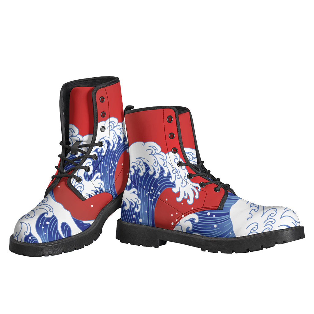 Red Sun Japanese Wave Print Leather Boots: The Perfect Hippie Footwear - 3