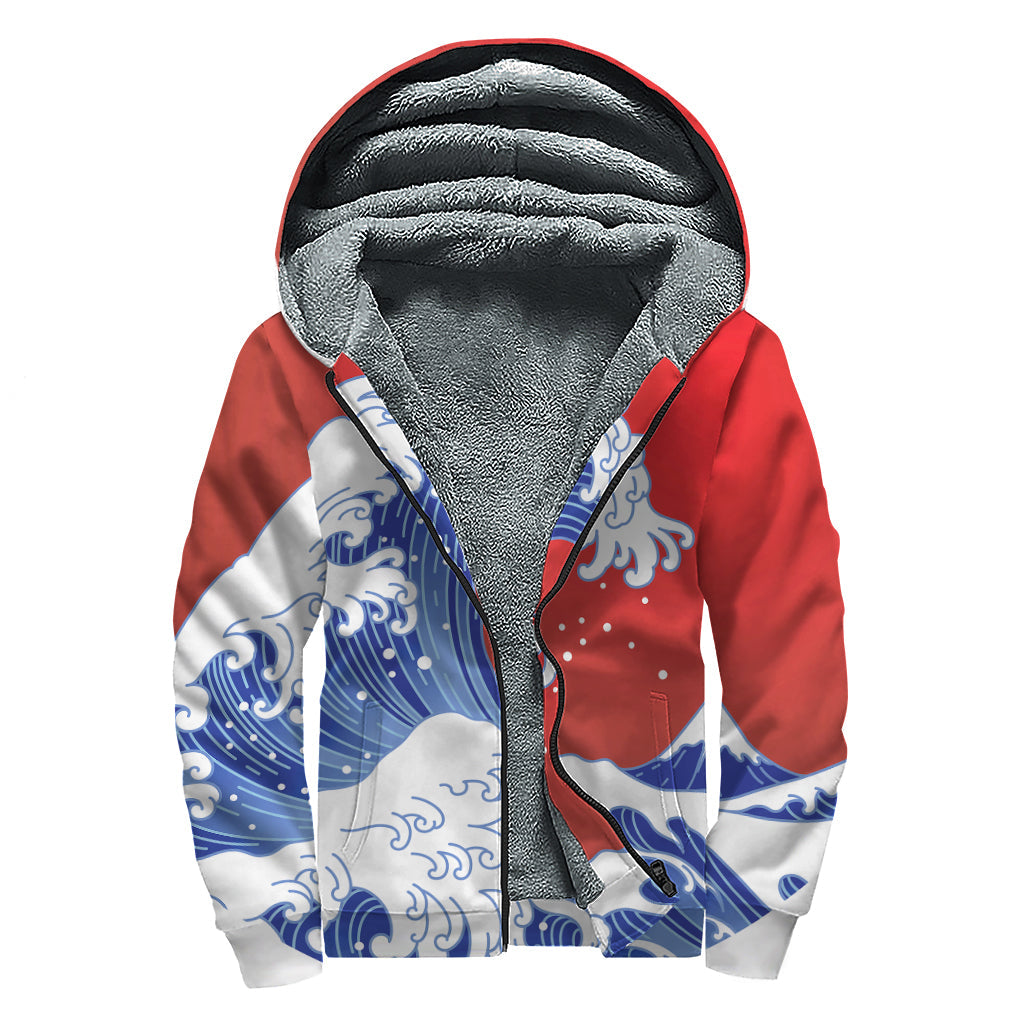 Red Sun Japanese Wave Print Hippie Sherpa Lined Zip Up Hoodie - 1