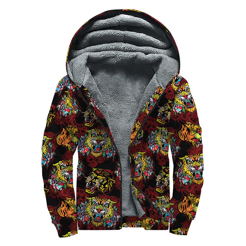 Red Tiger Tattoo Pattern Print Hippie Sherpa Zip-Up Hoodie - 1