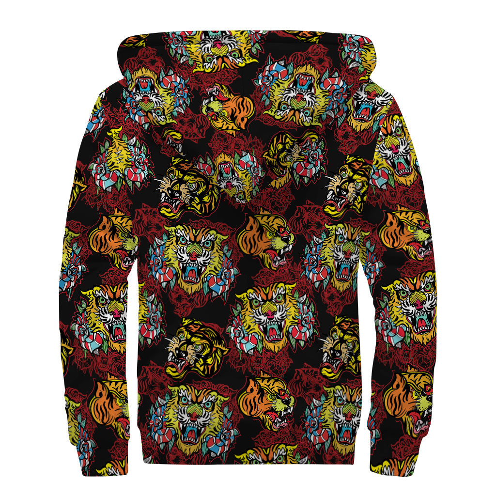 Red Tiger Tattoo Pattern Print Hippie Sherpa Zip-Up Hoodie - 2