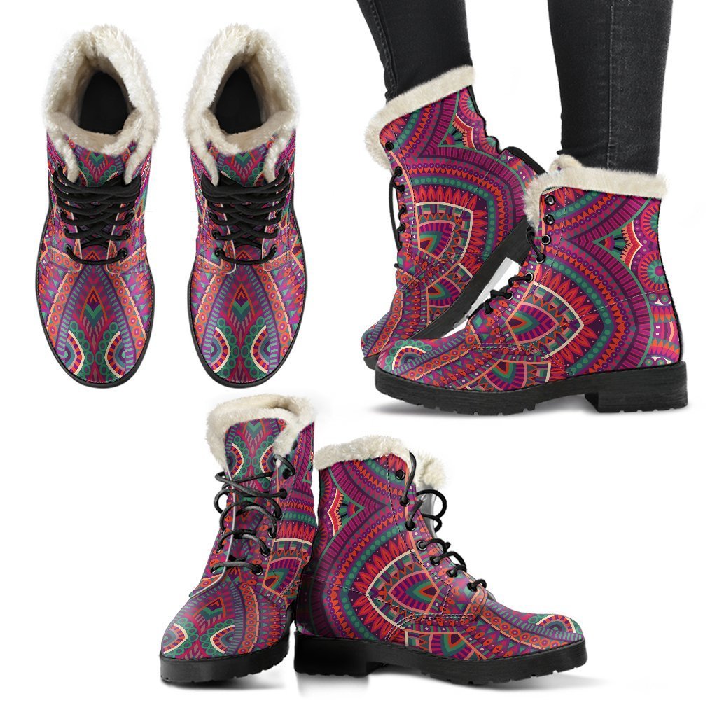 Red Tribal Mandala Faux Fur Leather Boots - Embrace Your Inner Hippie Style - 2