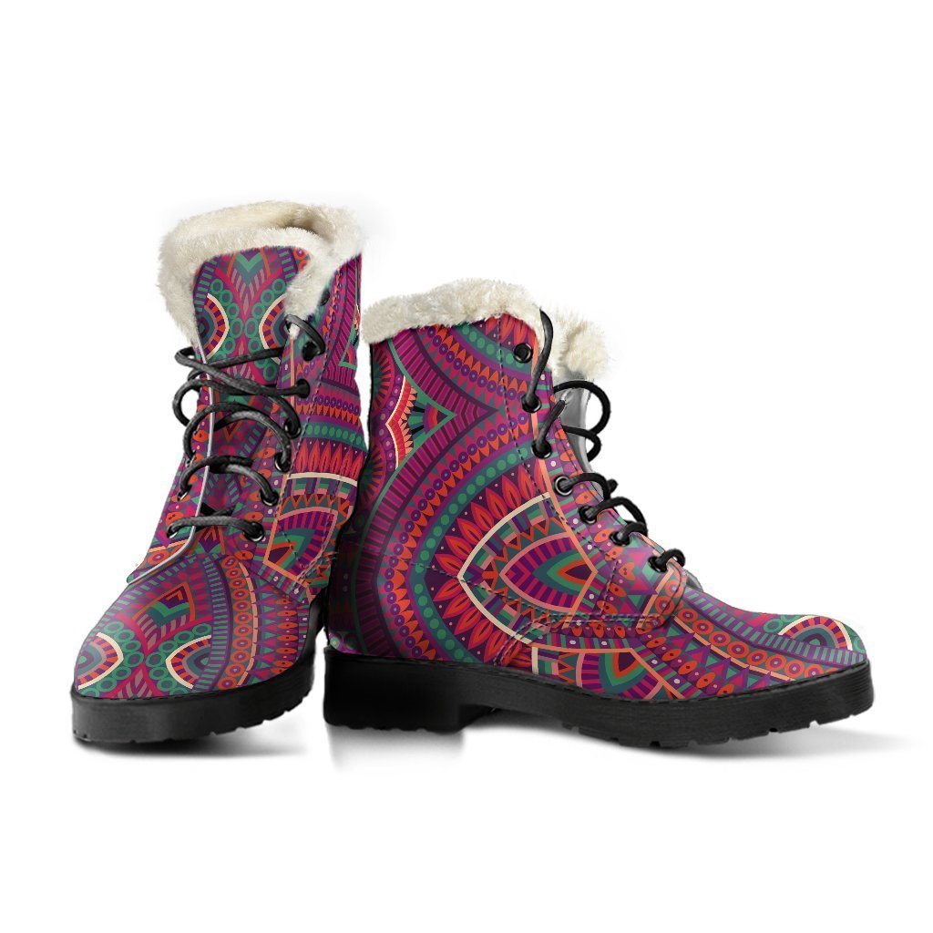 Red Tribal Mandala Faux Fur Leather Boots - Embrace Your Inner Hippie Style - 3