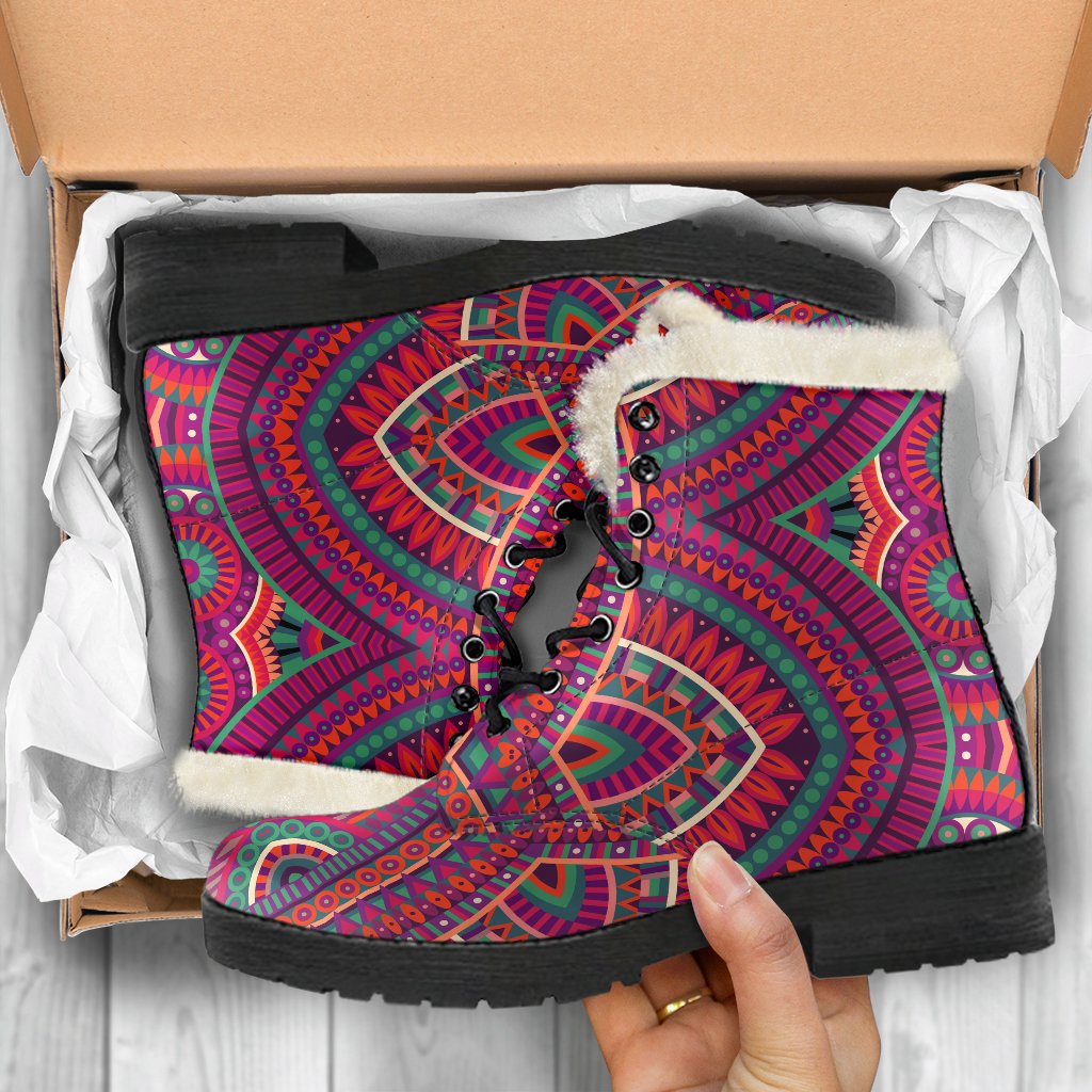 Red Tribal Mandala Faux Fur Leather Boots - Embrace Your Inner Hippie Style - 5