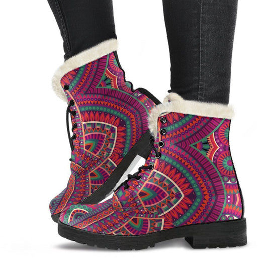 Red Tribal Mandala Faux Fur Leather Boots - Embrace Your Inner Hippie Style - 1