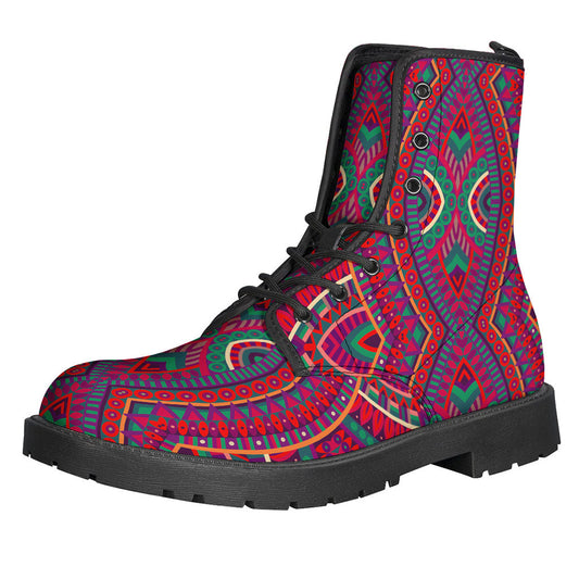 Red Tribal Mandala Print Leather Boots for Boho Hippies - 1