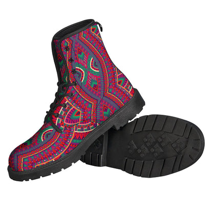 Red Tribal Mandala Print Leather Boots for Boho Hippies - 2