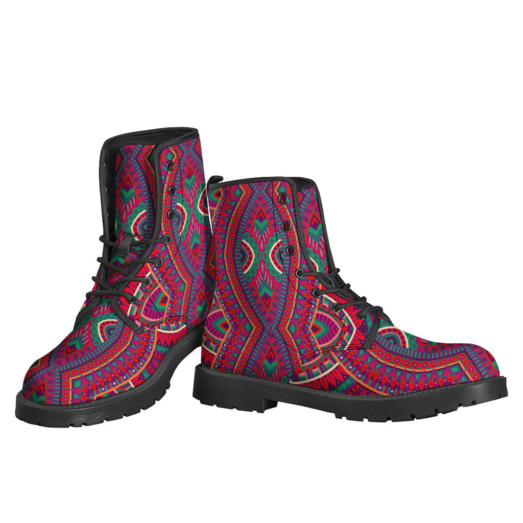 Red Tribal Mandala Print Leather Boots for Boho Hippies - 3