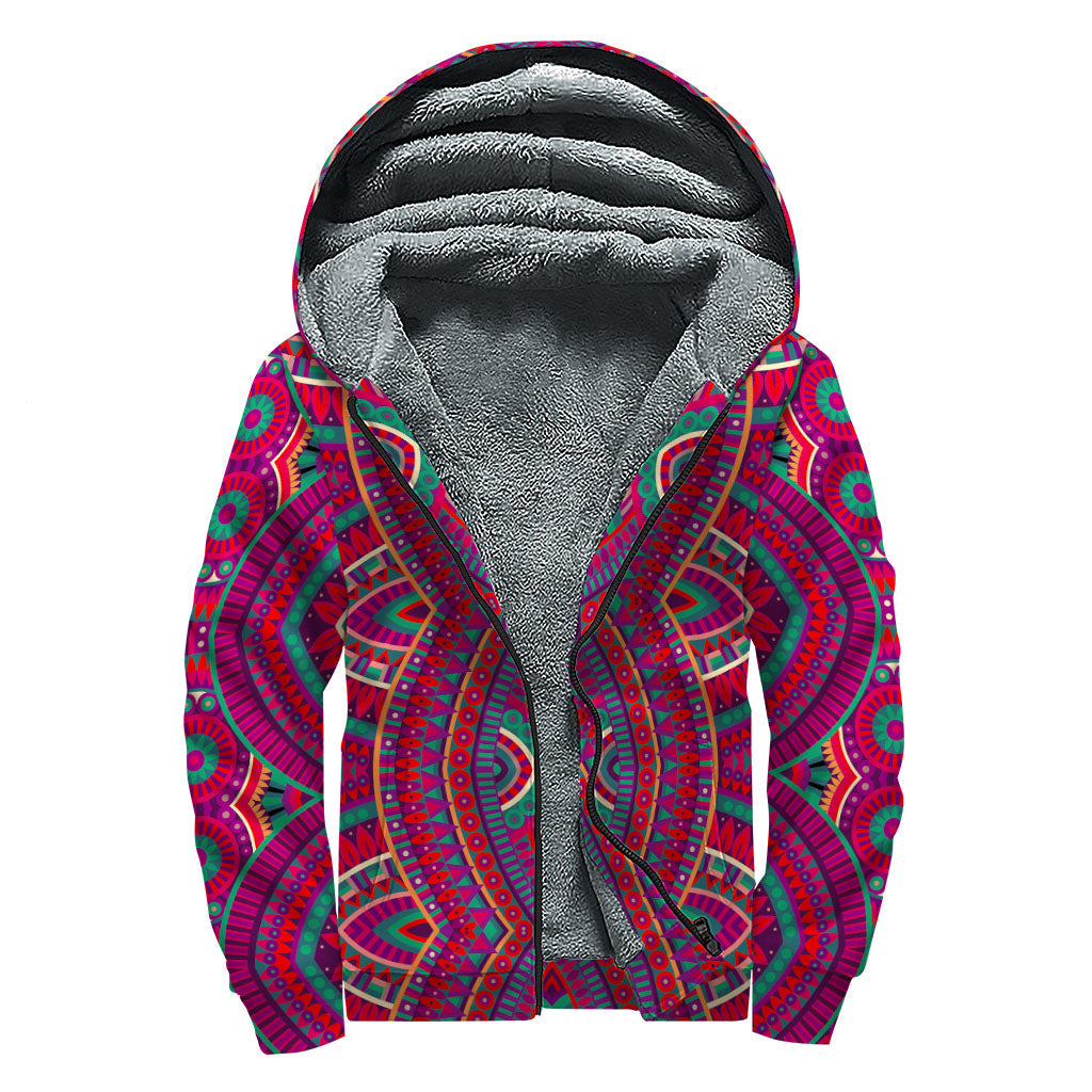 Red Tribal Mandala Print Sherpa Lined Zip Up Hoodie for the Free-Spirited Hippie - 1