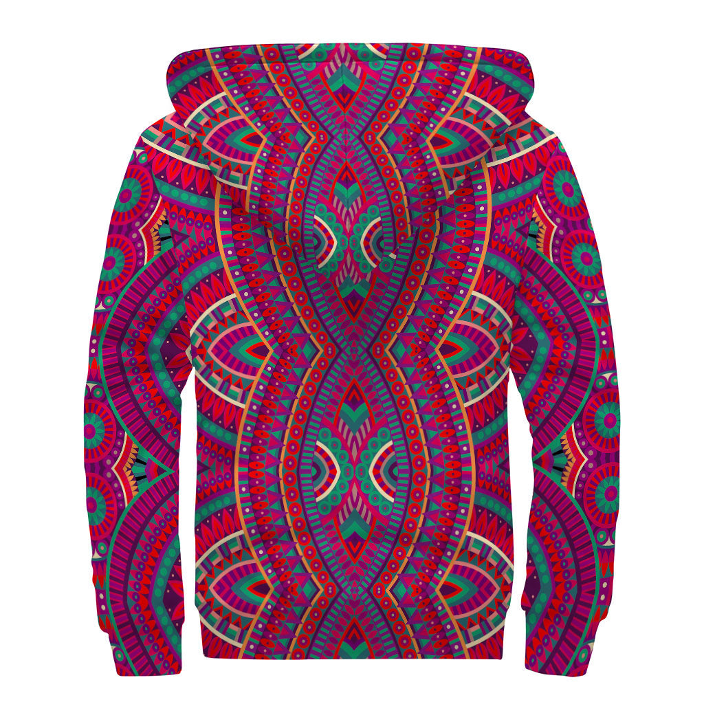 Red Tribal Mandala Print Sherpa Lined Zip Up Hoodie for the Free-Spirited Hippie - 2