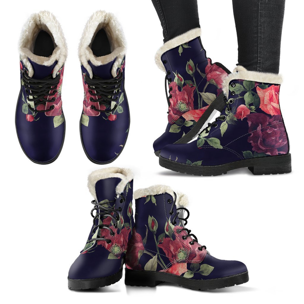 Red Violet Roses Floral Pattern Faux Fur Leather Boots for Groovy Hippies - 2