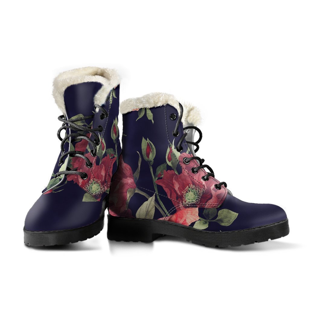 Red Violet Roses Floral Pattern Faux Fur Leather Boots for Groovy Hippies - 3