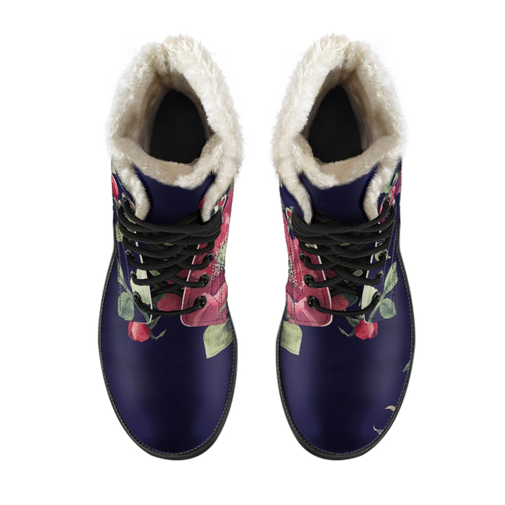 Red Violet Roses Floral Pattern Faux Fur Leather Boots for Groovy Hippies - 4