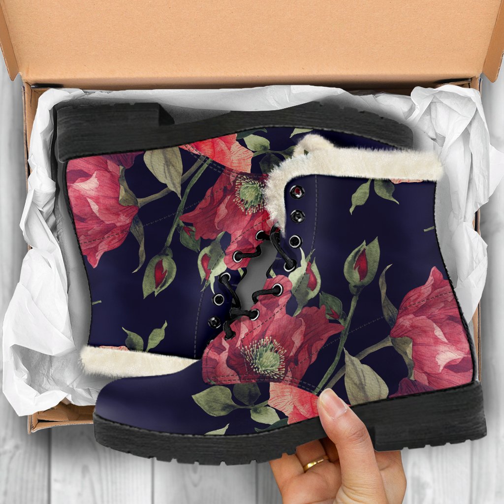 Red Violet Roses Floral Pattern Faux Fur Leather Boots for Groovy Hippies - 5