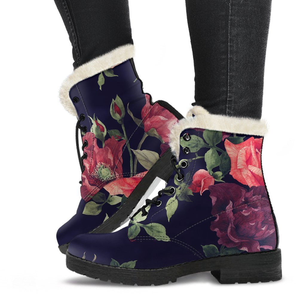 Red Violet Roses Floral Pattern Faux Fur Leather Boots for Groovy Hippies - 1